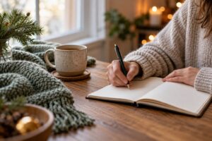 A person writing in a journal beside a cup of tea and a small evergreen sprig.