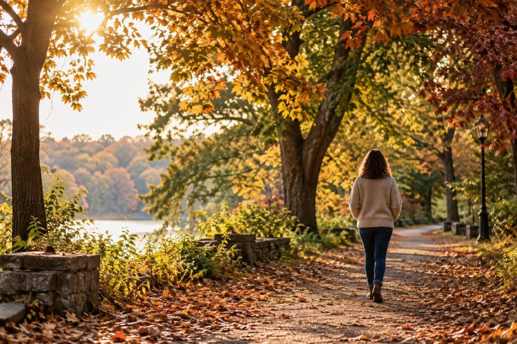 An adult walking along a tree-lined park path with golden autumn leaves.