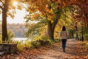 An adult walking along a tree-lined park path with golden autumn leaves.